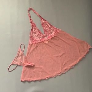 Victoria's Secret | Pink Mesh and Lace Halter Neck Teddy and Thong Panties sz M